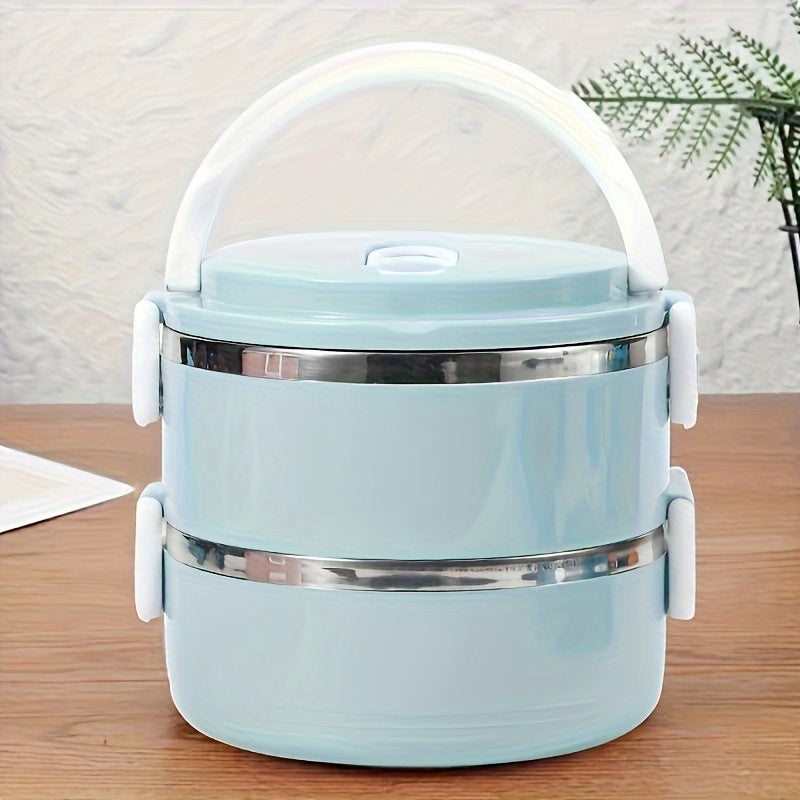 This 2-tier insulated bento lunch box is made of stainless steel, making it leak-proof and perfect for keeping your food hot or cold. It's a manual double-layered thermal lunch solution that is great for office, school, or camping trips. Simply hand wash