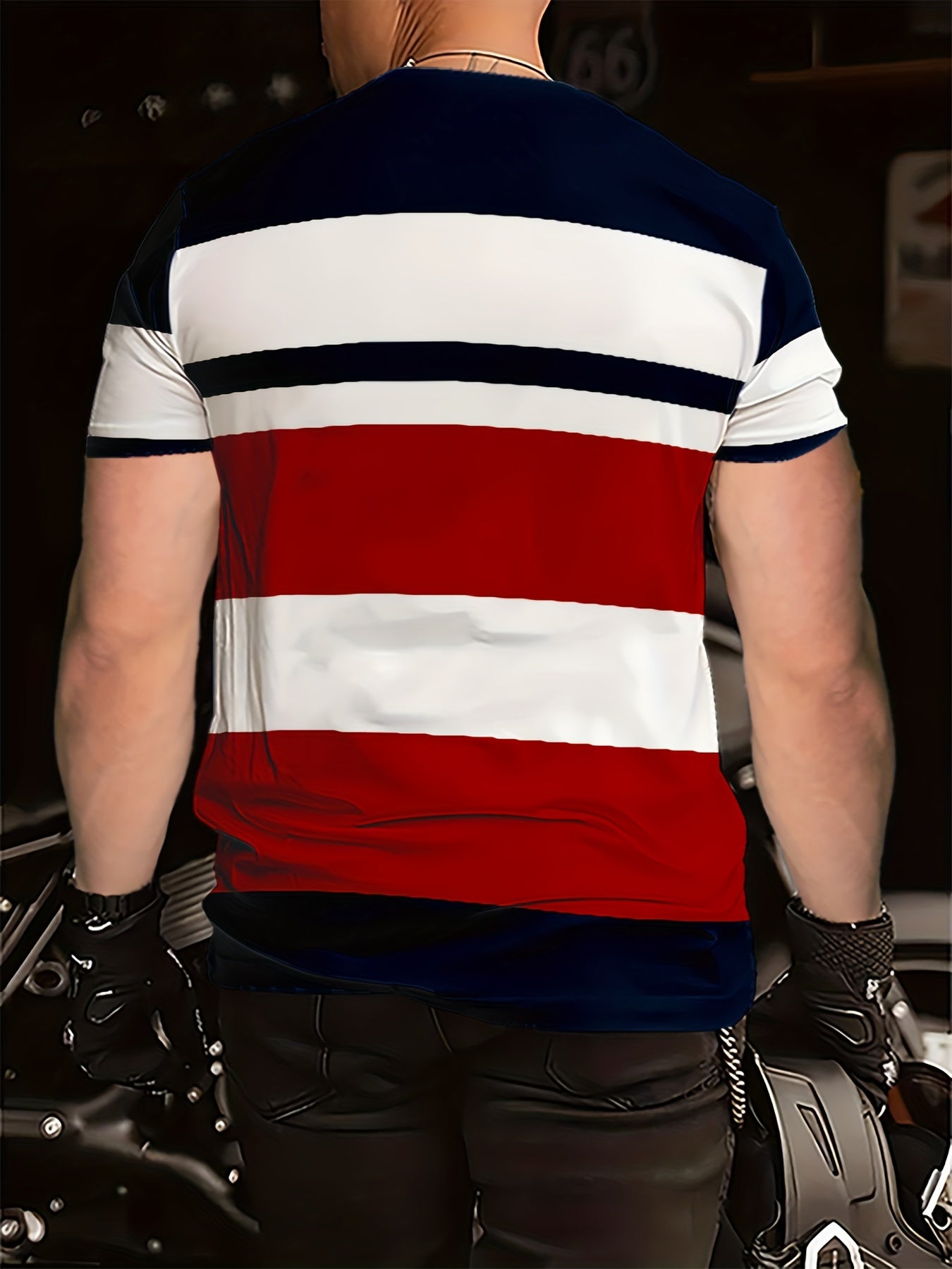 Men's polyester crew neck t-shirt with striped print design and stretch for summer wear.