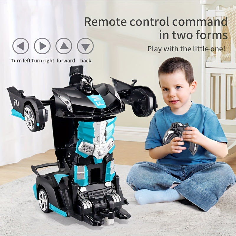 Remote control car transforms into robot, drifts 360°, with dynamic lights and USB rechargeable battery. Black and blue sports car design, great for outdoor play. Ideal birthday or holiday