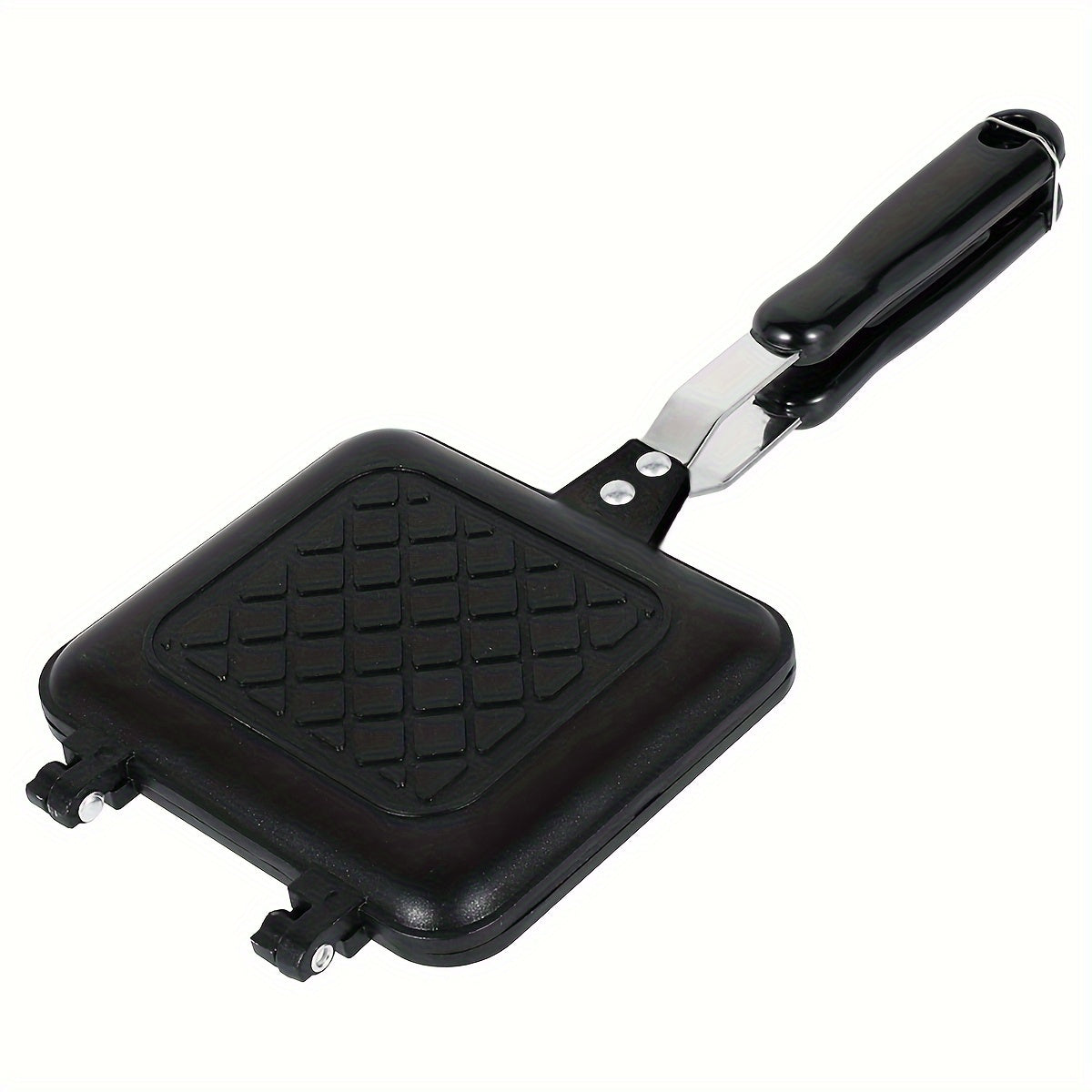 Double sided bread frying pan with non-stick surface and a barbecue plate. This versatile kitchen tool can be used as a sandwich toaster, mold, toastie maker, and waffle maker. It is heat-resistant and perfect for various purposes in the kitchen, school