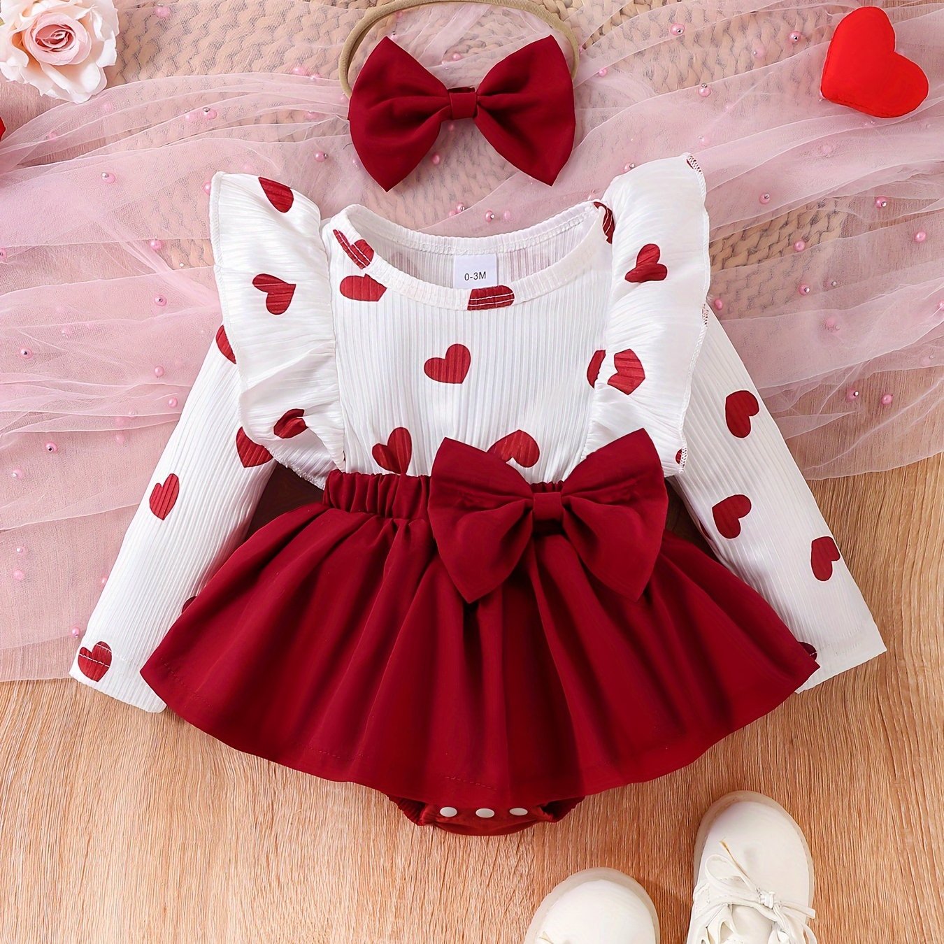 Heart print dress set with bow detail, made from polyester knit fabric in a regular fit for fall/winter, comes with matching headband - P100996, perfect for outdoor wear.