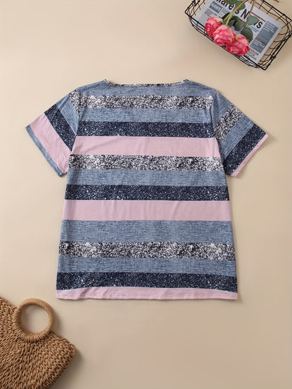 Plus size women's V-neck striped t-shirt with short sleeves and stretchy knitted fabric. Features a random print, perfect for spring, summer, and autumn fashion.