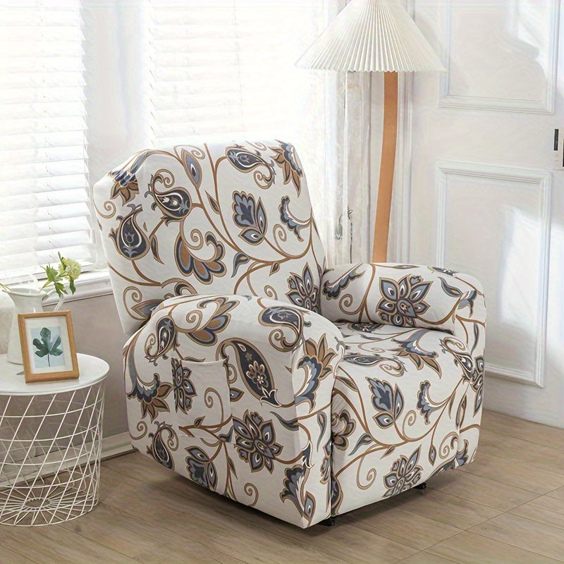 Boho recliner chair cover with pocket, non-slip, machine washable, blue color, made of polyester and spandex.