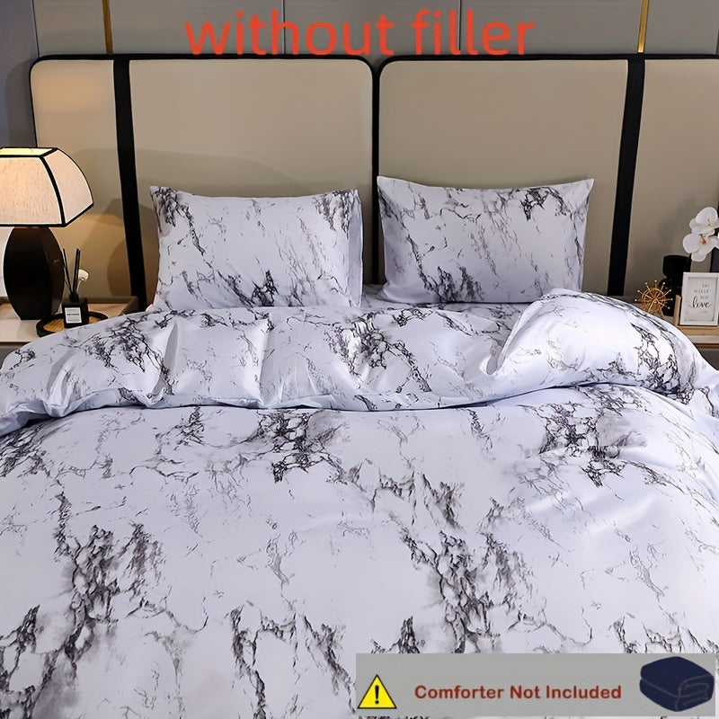 Elevate your bedroom or guest room decor with the 3-piece Elegant White Marble Print Duvet Cover Set. This set includes one soft polyester duvet cover and two pillowcases, all featuring a stylish white marble print. The breathable all-season bedding is