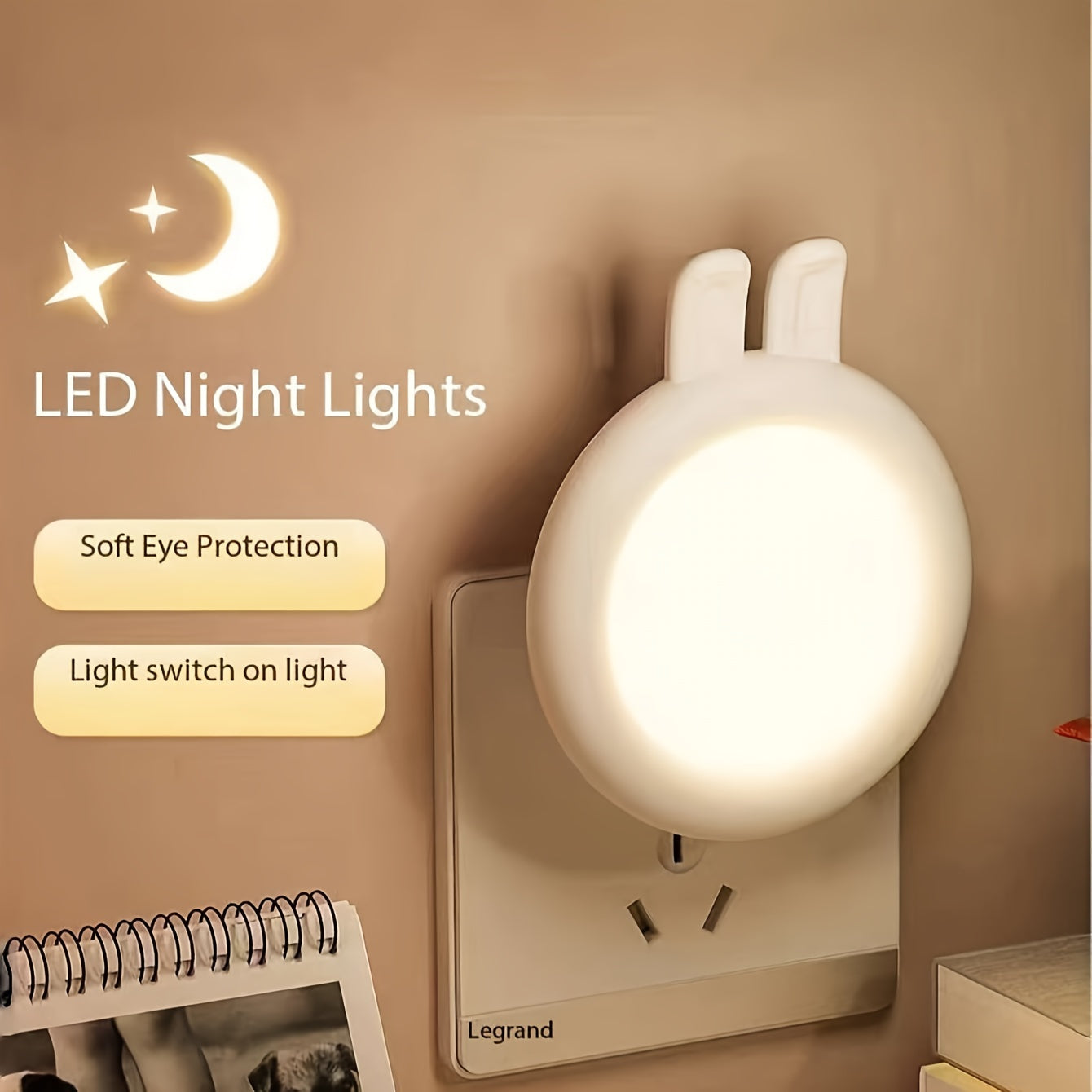 Modern Rabbit Ears LED Night Light with Light Sensor, European Standard Plug, Animal Theme Lamp, Bedroom Décor, No Batteries Needed