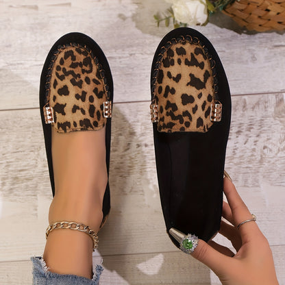 Leopard Print Patchwork Loafers with Metallic Chain Detail, Comfortable All-Season Footwear