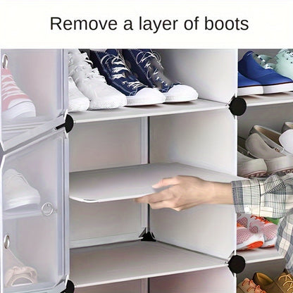 This Resin Freestanding Shoe Rack Organizer is a versatile addition to any room in your home. With 8 tiers and 14 cubes, this dustproof shoe storage cabinet can hold up to 28 pairs of shoes. Perfect for the living room, entryway, or bedroom, this floor