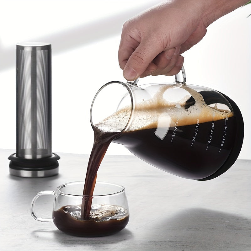 Classic glass cold brew coffee pitcher, 24oz capacity, perfect for making manual pour-over iced coffee. This versatile pitcher can also be used for juice, tea, and sharing at home. No electricity needed, just a stylish and functional glass jug with a