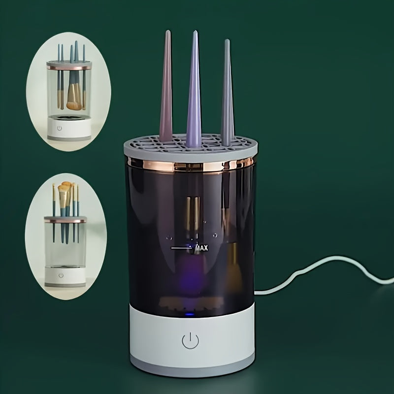 Electric makeup brush cleaner and dryer machine with USB power and universal silicone cap for all brushes, providing fast cleaning and drying for home use.