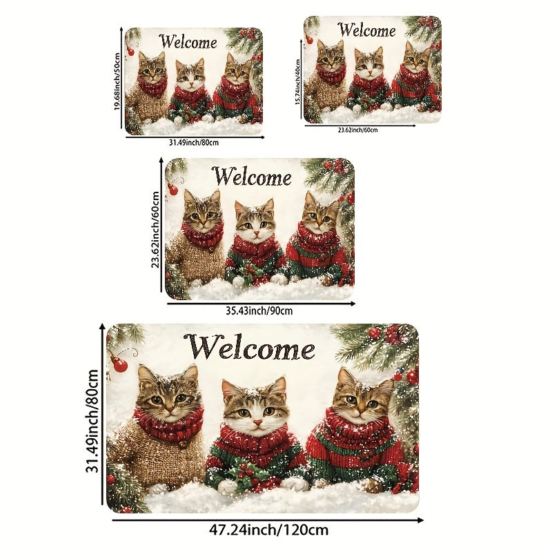 Welcome your guests with the festive 3 Cats Christmas Welcome Mat! This rectangular rug is 8mm thick and made of machine washable polyester with a PVC backing. Its durable construction allows it to be used indoors in doorways, kitchens, bathrooms, living