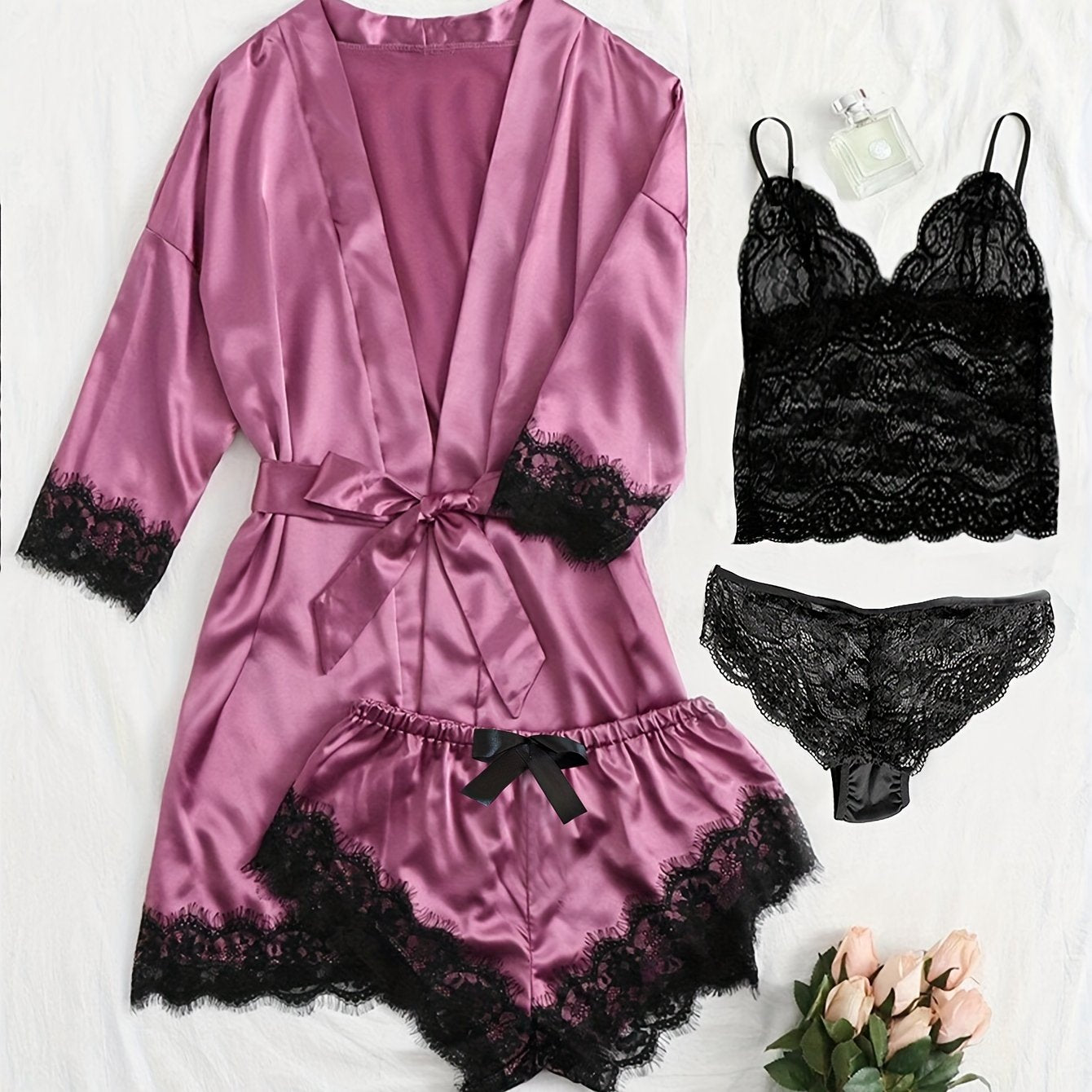 Satin lace lounge set with robe, cami top, and bottoms for women, featuring a sexy and comfortable design.