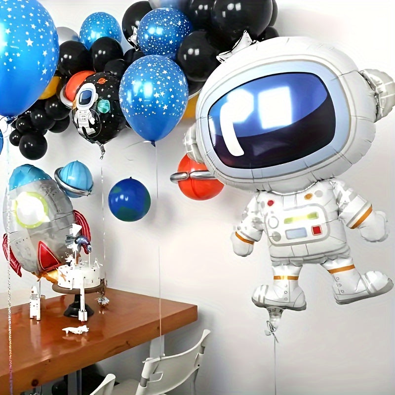 Large space balloons with astronaut, rocket, and UFO designs for birthdays and space party decorations.