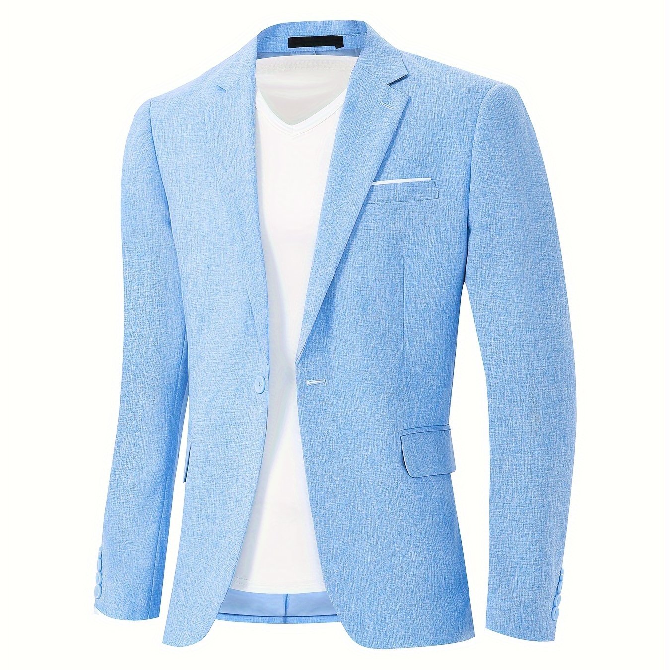 Men's casual business blazer with lapel collar, suit sleeve, and pocket details in solid color polyester. Regular fit with single button closure, suitable for all seasons and weekend casual