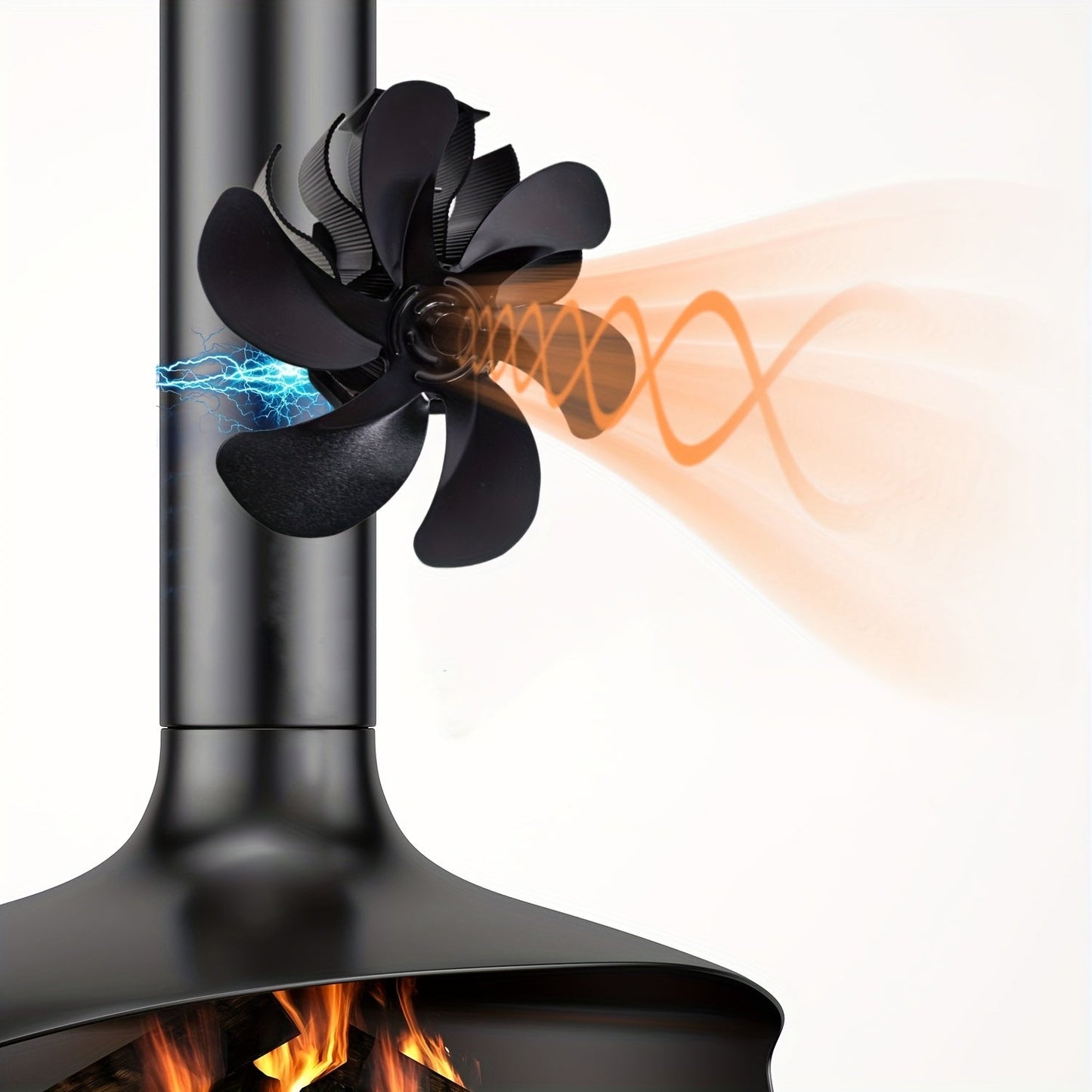 Wood stove fan with 6 blades, magnetic flue mount, and non-electric thermal design for gas and pellet burners - silently powered by heat.