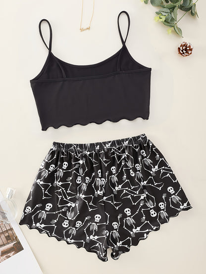 Skull palm print garter top with matching skull print shorts pajama set.