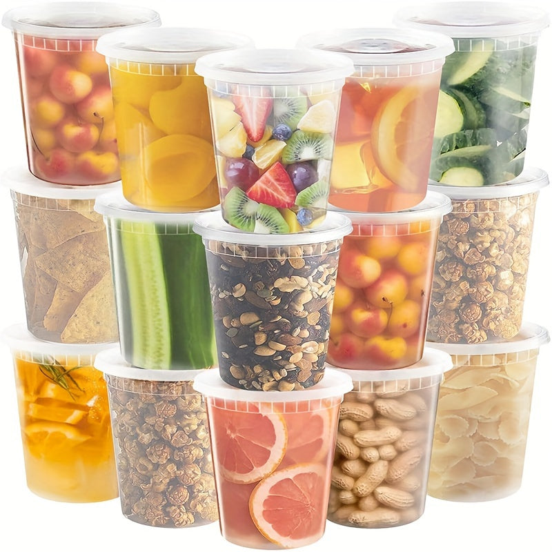 A pack of ten 32-ounce plastic food containers with tight-fitting lids. These sealed containers are perfect for storing leftovers, freezer meals, and microwaveable dishes. They are also dishwasher safe, making cleanup a breeze. Use these versatile