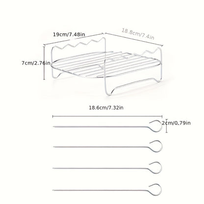 Round stainless steel rack and skewer set for air fryers, compatible with most models and dishwasher safe. Ideal for roasting and grilling.