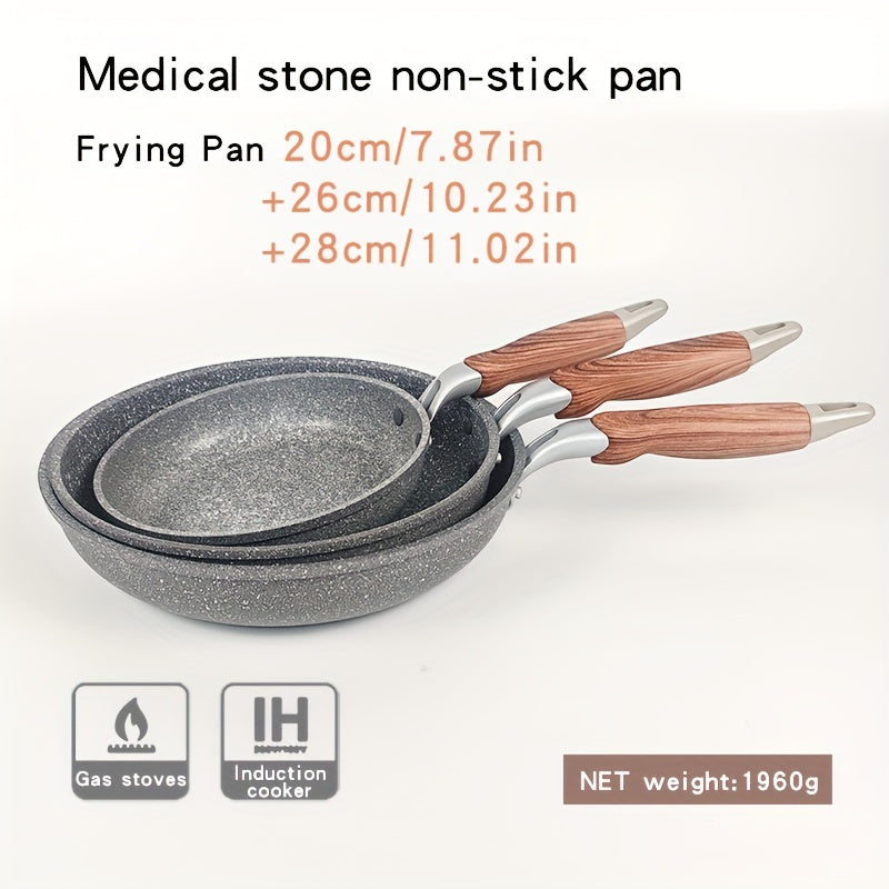 Set of 3 multi-sized frying pans made of cornstone material. Features a flat bottom design, non-stick coating, rust-resistant, easy to clean, compatible with induction cookers and gas stoves. Complete with anti-scald handles for safe cooking.