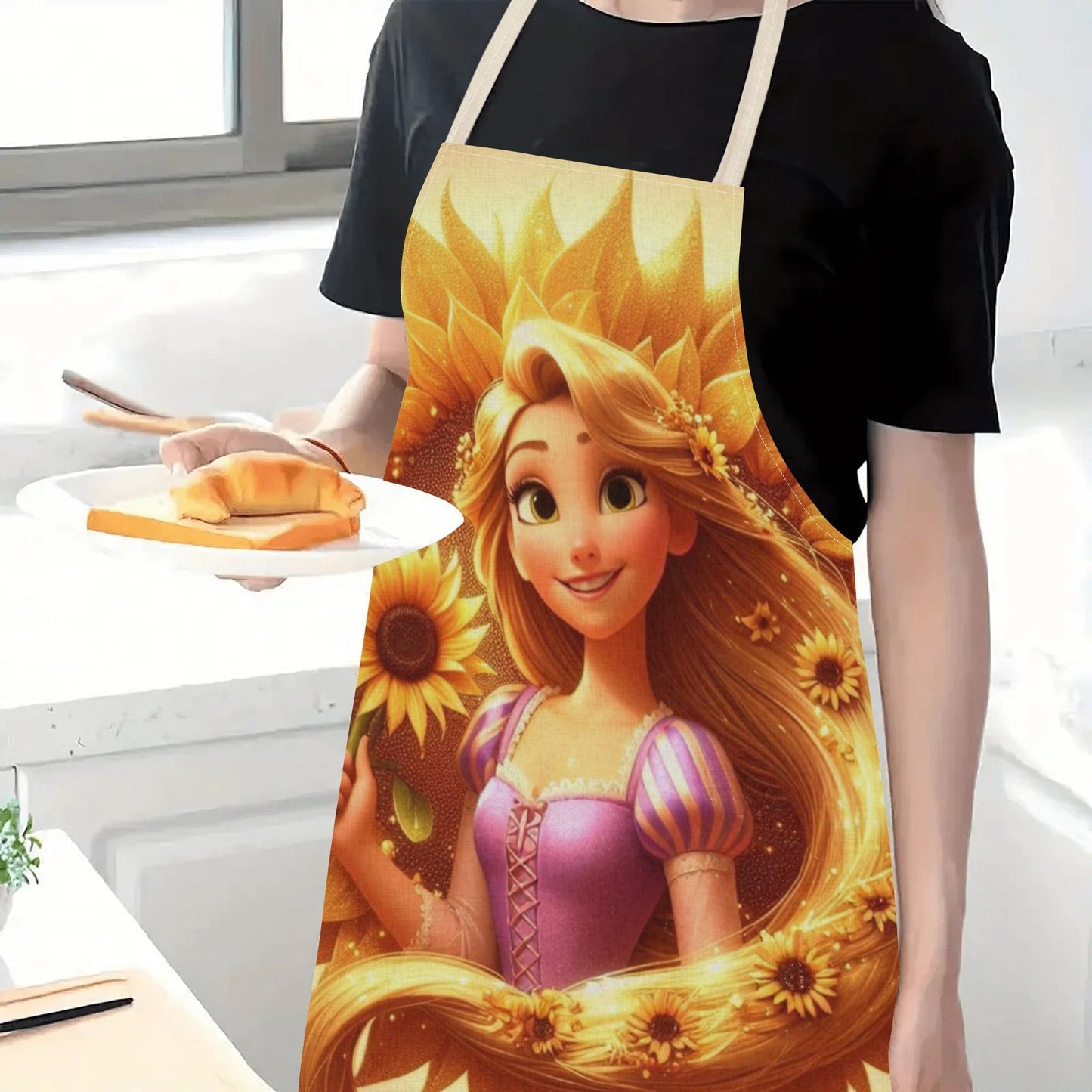 Waterproof Disney Elsa apron featuring a vibrant cartoon princess design with sunflowers. Perfect for use in homes, restaurants, cafes, and supermarkets. Made from durable polyester for easy care and versatility. Glossy finish adds a polished touch to