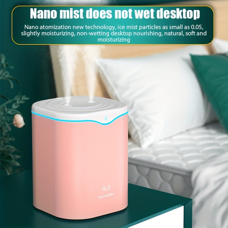 Portable USB humidifier with 2 mist modes, 7-color light, and auto shut-off. Suitable for travel, home, or bedroom use.