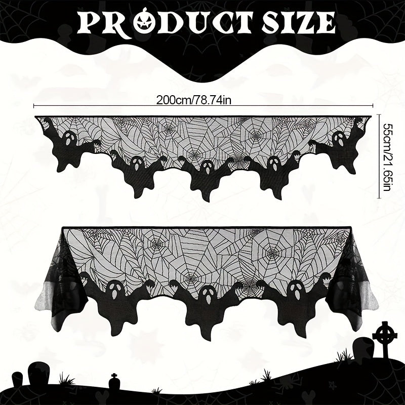 Spooky Black Lace Spider Web Fireplace Mantel Scarf - Gothic Cobweb Design, No Electricity Needed, Great for Halloween Decoration & Themed Events