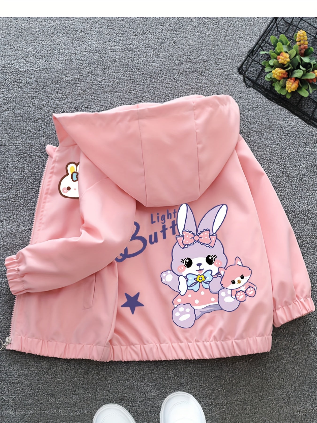 Adorable bunny print zip-up hooded windbreaker jacket for girls - great for street & casual outings.