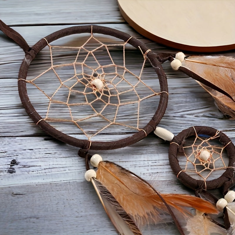 Brown feathered Boho Indian Dream Catcher, 1pc. Fabric wall hanging for wedding decor, bedroom accessory. Wind chime design, no electricity required.