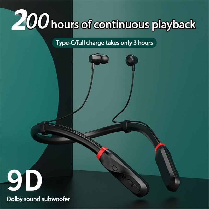 Sporty wireless earbuds with microphone and neckband for running.