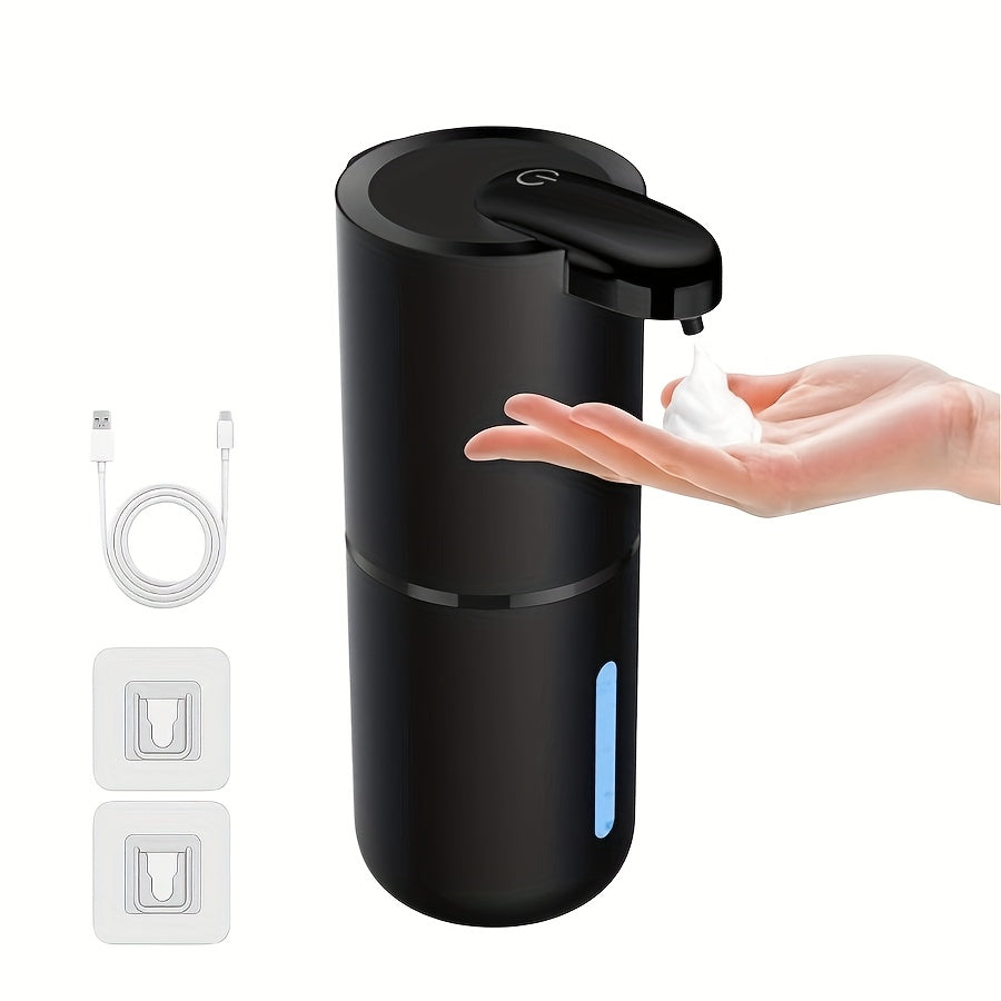 Wall-mounted 380ml Soap Dispenser with USB rechargeable battery offers touchless hand & lotion pump operation. Made of plastic with multi-level foaming press for bathroom use.