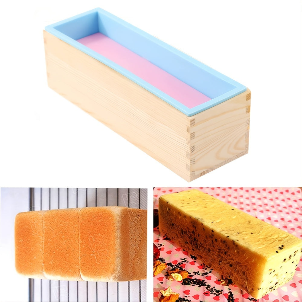 One piece of a 42oz rectangle silicone soap mold with a wooden box, perfect for handmade soap making and DIY soap cake making.