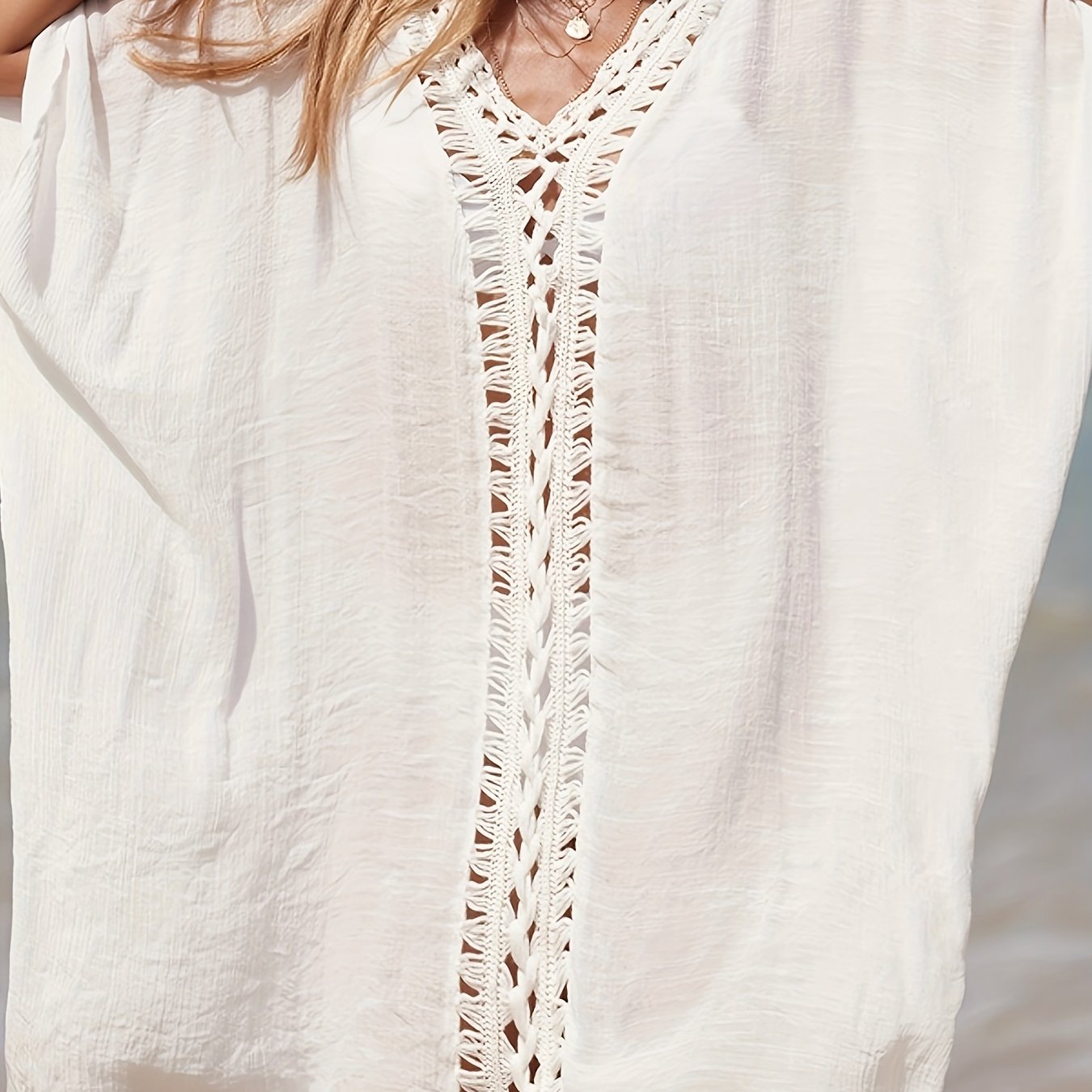 Casual V Neck Crochet Trim Cover Up Dress for Beach Holiday