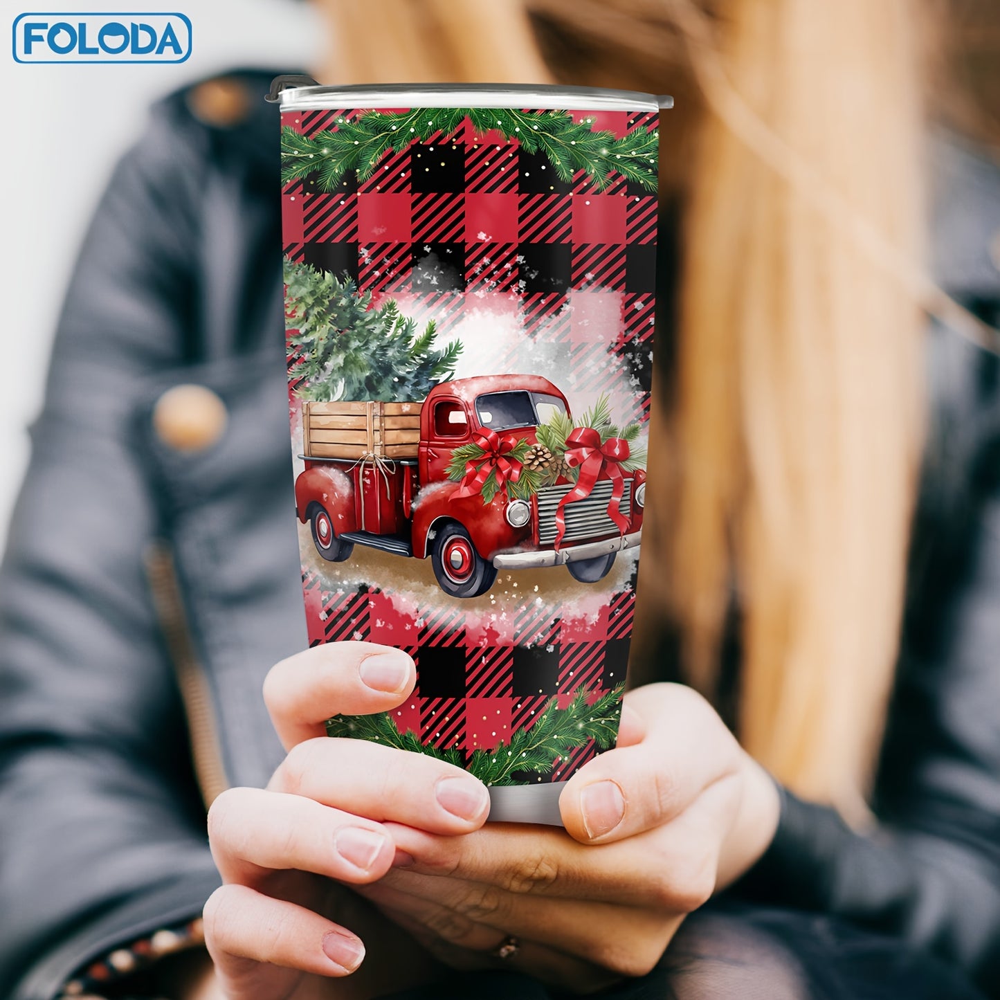 FOLODA 20oz insulated stainless steel tumbler with lid is ideal for running and sports. Features a Christmas Red Truck design, perfect for holiday gifts.