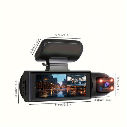 Dual camera dash cam for cars with front 1080P and inside 480P resolution, IR night vision, loop recording, wide angle dual lens, and 8.03 cm IPS screen. Optional 32GB SD card.