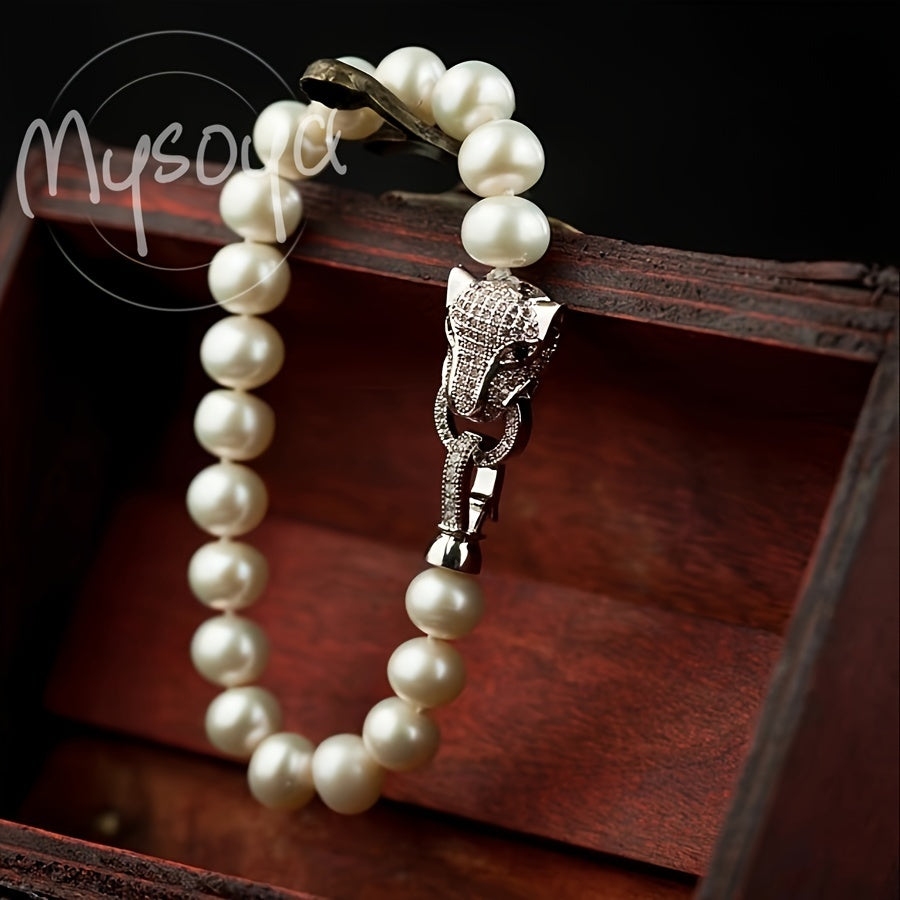 MYSOYA presents an exquisite luxury set of freshwater pearl jewelry featuring a stylish leopard head clasp. Handcrafted with genuine 8-9mm pearls, this unisex necklace and bracelet set is the perfect natural June birthstone accessory. Give the gift of