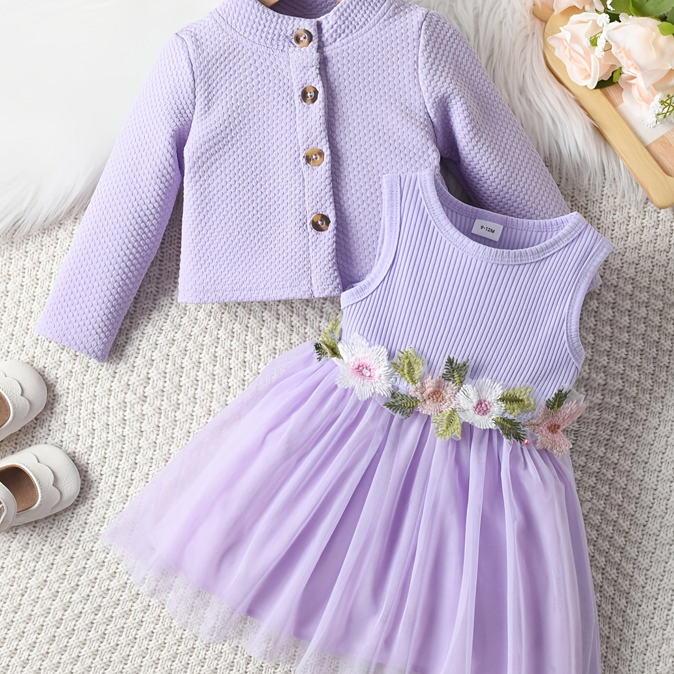 Floral dress set with long sleeve jacket for girls.