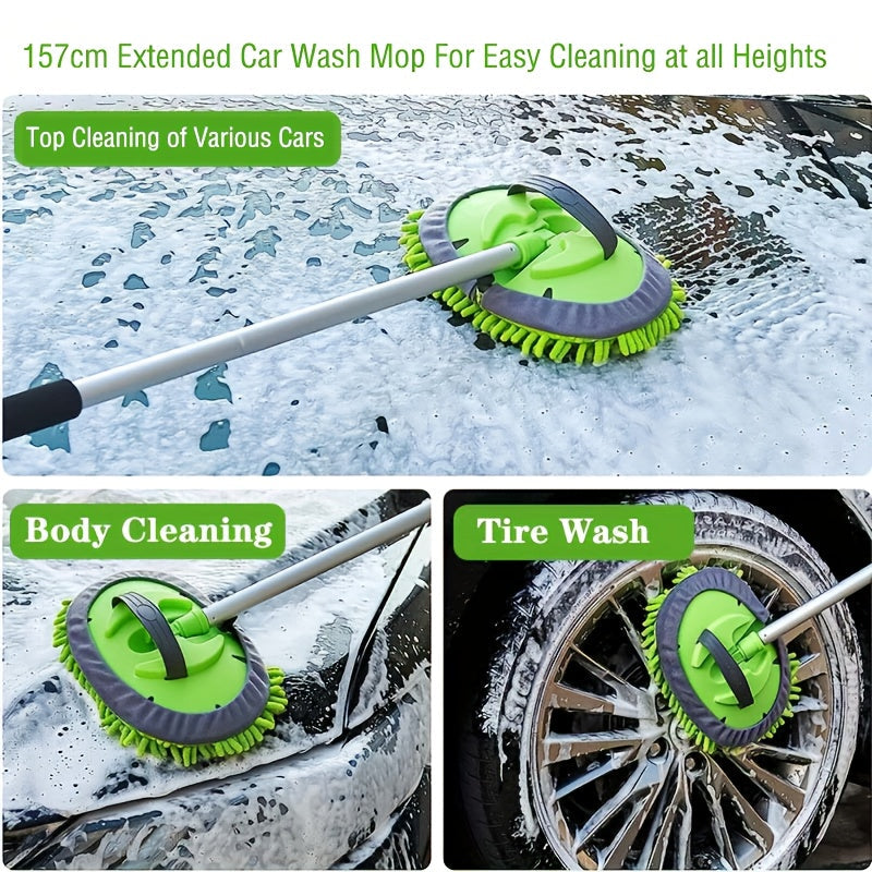 Car Wash Brush Set with Long Handle - 10 pieces - Microfiber - Scratch-Free Cleaning Kit for Cars, Trucks, RVs & Boats - Includes Chenille Mop Mitt, Wheel Brush, Window Squeegee, and Drying Towels - Car Cleaning Accessories