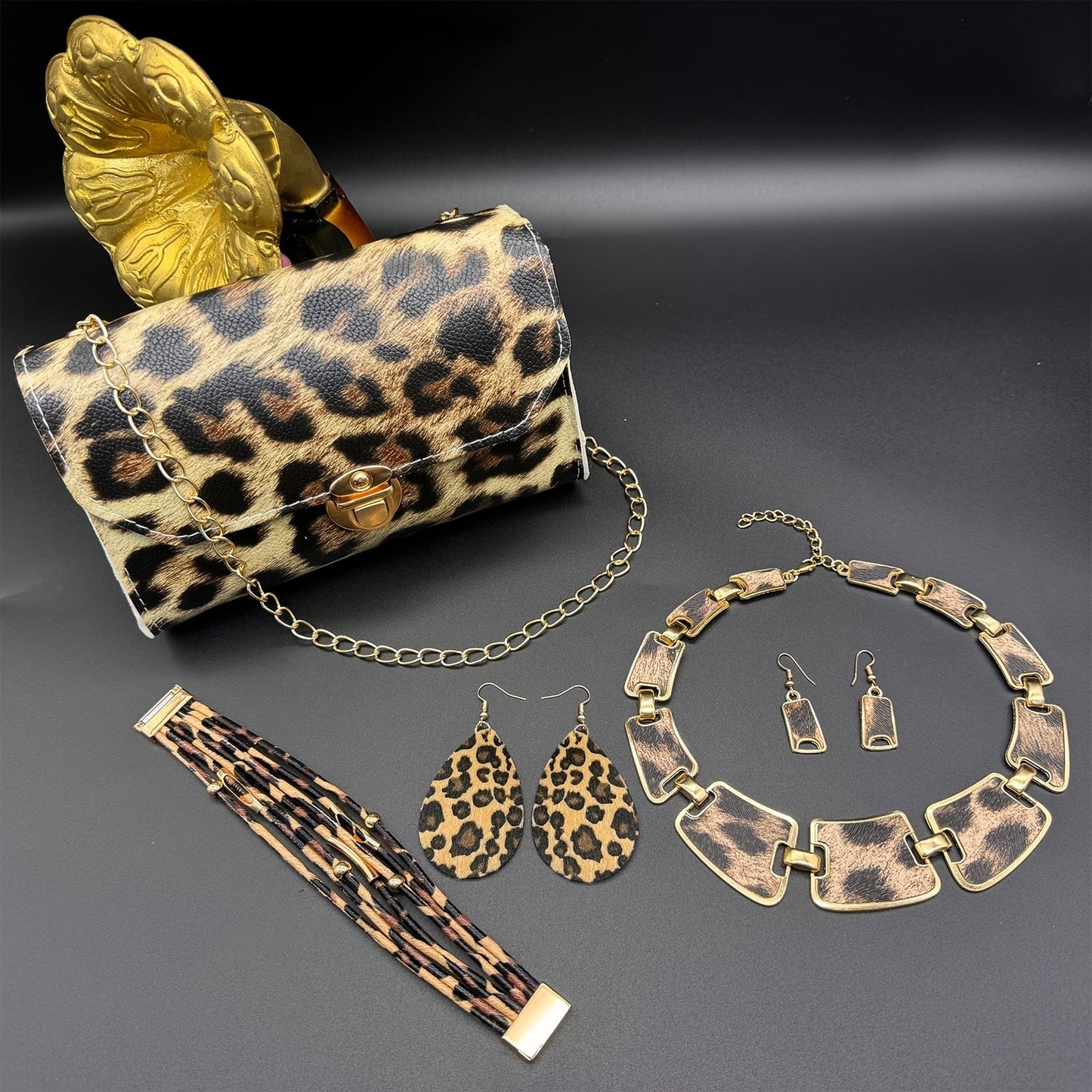 Set of 5 Leopard Print Jewelry Pieces for Women - Stylish Plastic Accessories with Tassel Necklace, Earrings, Bracelet, Clutch Purse - Perfect for Everyday and Travel Outfits