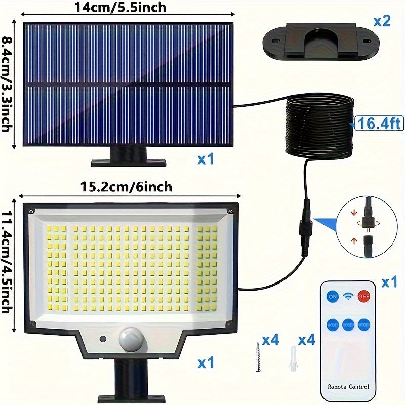 Solar-powered outdoor wall light with motion sensor, 200 LEDs, remote control, 3 lighting modes, wide angle illumination, security floodlight, 5.03m cable, dusk to dawn, for indoor &