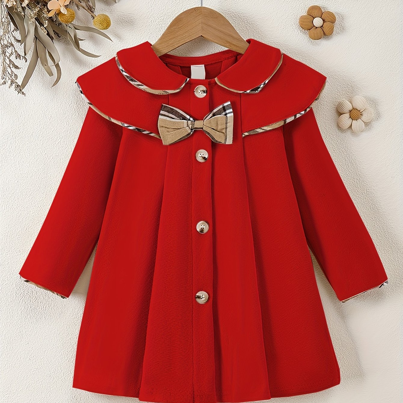 Chic Girls' Red Long-Sleeve Fleece Coat with Bow Detail has a casual round neck, button front, and is machine washable. Perfect for autumn/winter outerwear.