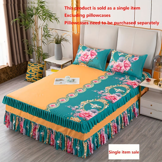 Single piece Traditional Chinese Peony Floral Bed Skirt featuring Lucky Bee Accents. Made from 100% Polyester Knitted Fabric with a sanded craftsmanship providing a soft touch. The bed skirt is machine washable and features active printing. It weighs