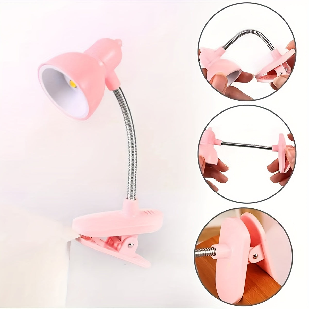 Mini clip-on reading lamp with push button control, adjustable arm, and fantasy-themed brushed finish made of plastic material. Battery operated for bedroom tabletop use as a night light.