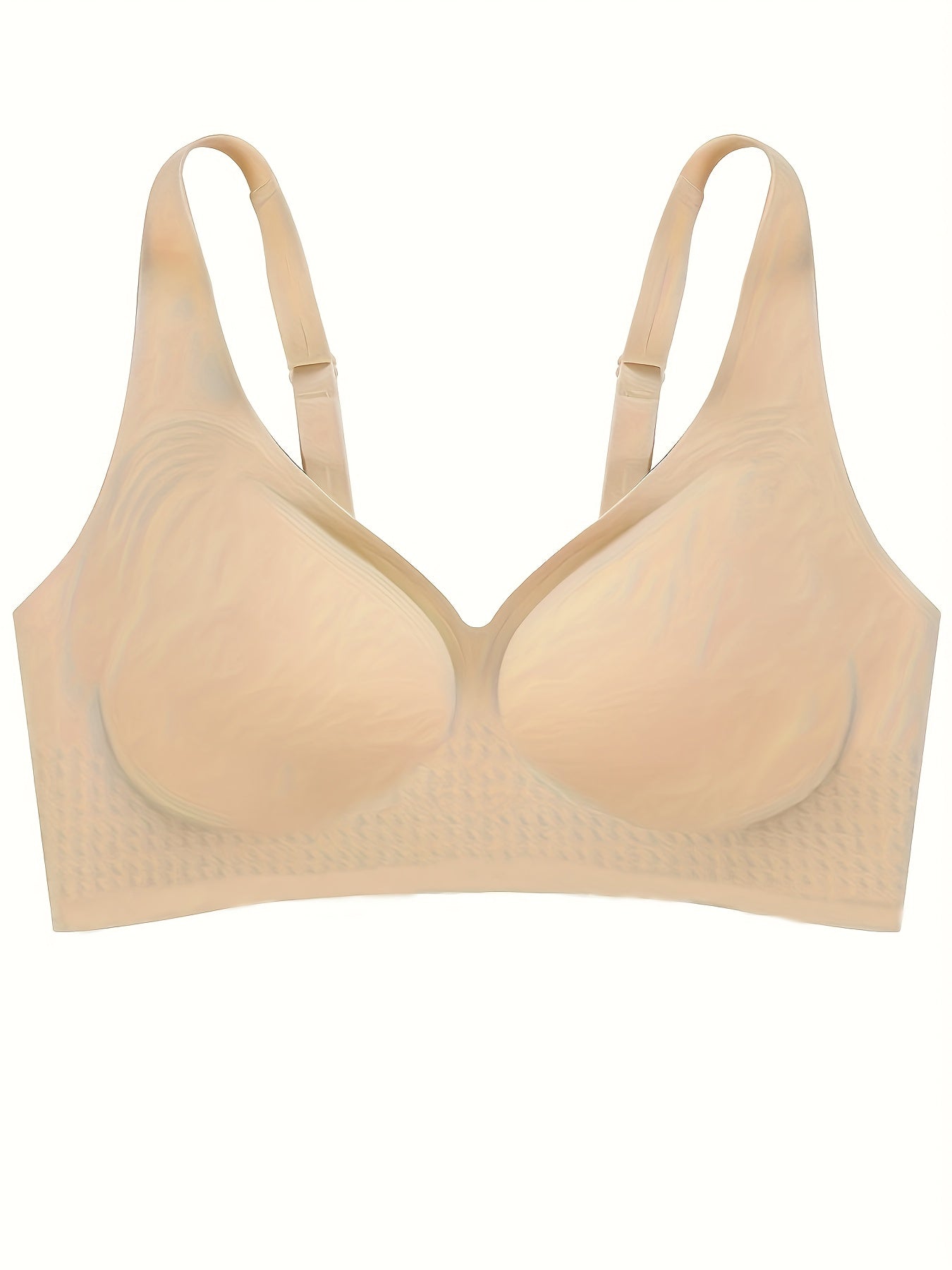 2 Seamless V-Neck Wireless Bras with removable pads made of 85% Polyamide and 15% Elastane knit fabric. Solid color, full cup design, breathable, and quick-dry.