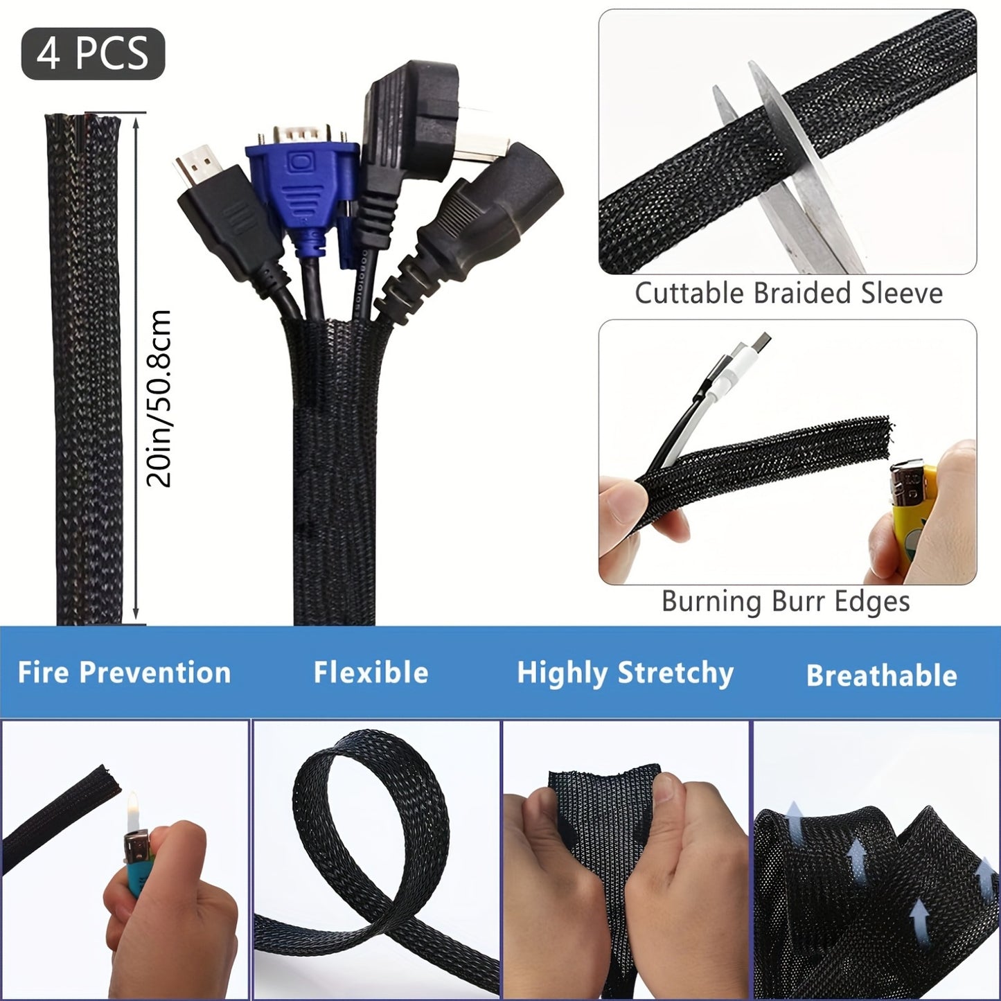 302 piece cable management kit includes cable sleeves, clips, holders, organizer straps, fastening ties, zip tie mounts for under desk organization in black.