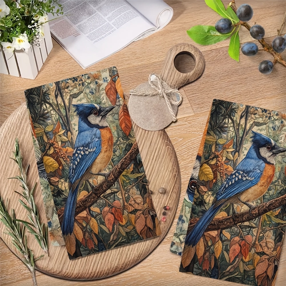 Set of 2 Coastal Style Kitchen Towels featuring a Super Absorbent Polyester Knit Fabric. Easy to clean with a machine washable design. These Contemporary Oblong Hand Towels showcase a Blue Jay Design, measuring 40.64x60.96 cm. Perfect for use as Dish