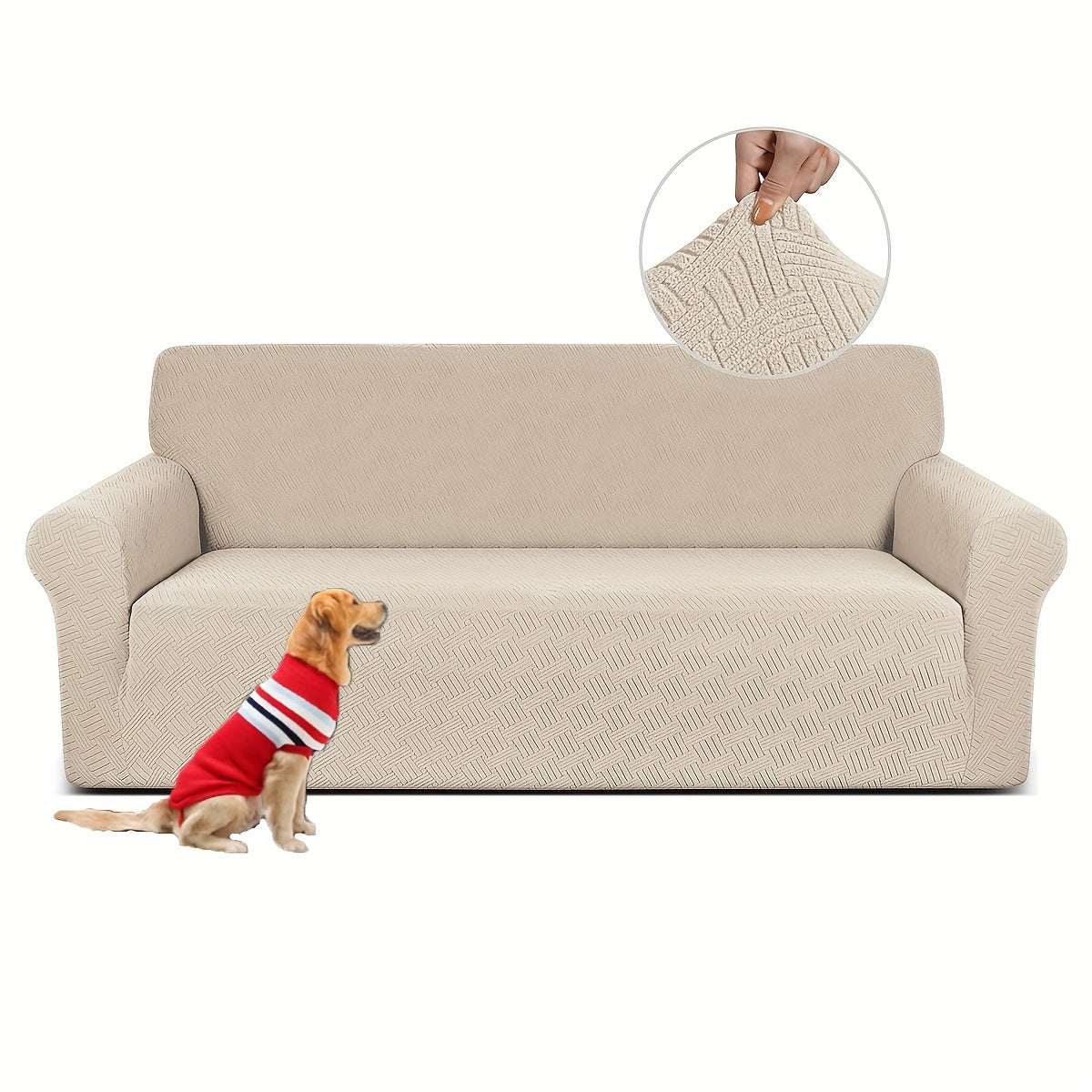 Pet-friendly sofa cover in gray striped jacquard fleece with elastic band, non-slip bottom, and all-season dust protection. Stylish and snug fit for living room furniture.