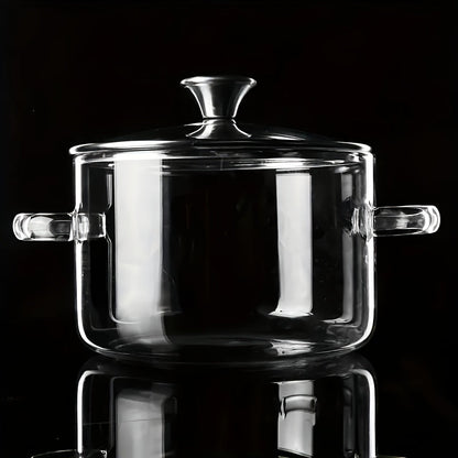 Large high-quality borosilicate glass pot with a capacity above average - suitable for use on gas stoves and electric ceramic cooktops. Features a transparent design with dual handles for convenient carrying.