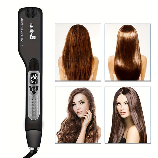 Professional steam flat iron for hair that functions as both a straightener and curler with ceramic plates, ionic technology, dual voltage, and adjustable temperature.