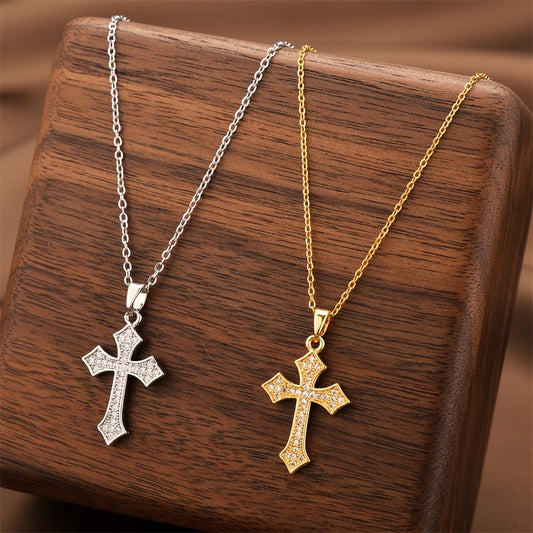 Stylish 18K Gold Plated Titanium Steel Cross Pendant Necklace adorned with Rhinestones, Adjustable Clavicle Chain perfect for Everyday Wear, Gender-Neutral Jewelry option