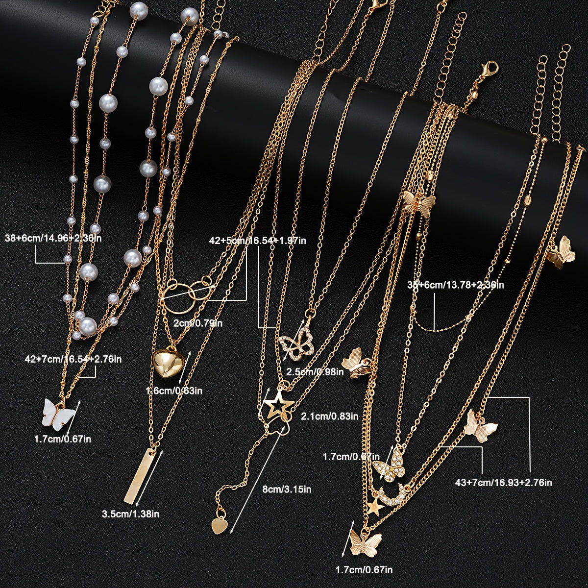 Set of 11 pieces featuring faux pearl and rhinestone star, butterfly, and heart necklaces for women. This fashion stacking jewelry set is perfect for daily wear, dates, holidays, and parties. Ideal for adding a simple and vacation style to any outfit.