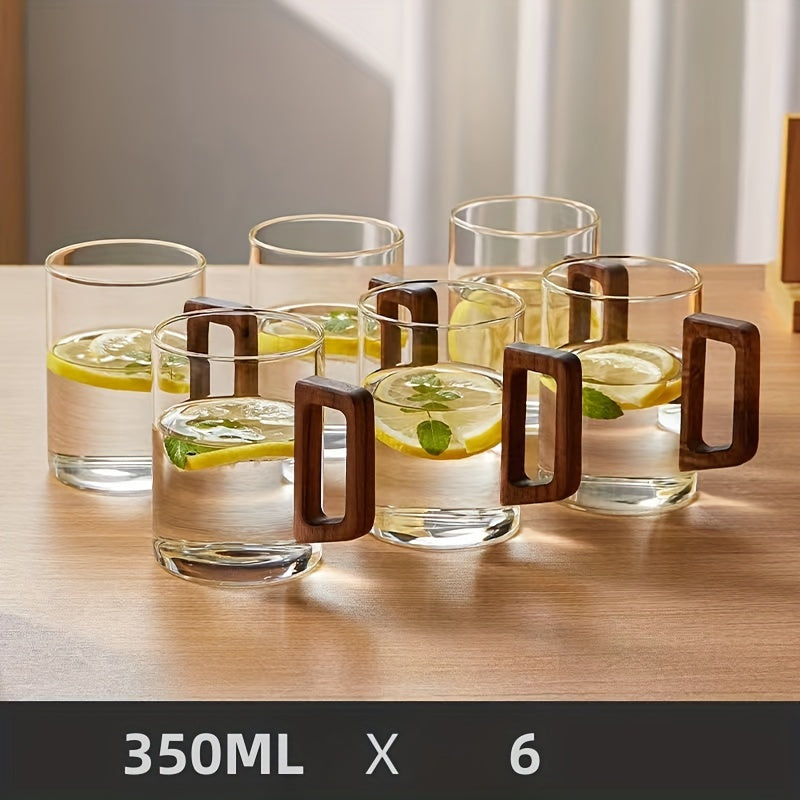 2/6 High Borosilicate Glass Water Cups with Smoke Green Wooden Handles, Black Walnut Tea Cup Set, Safe Packaging for Transportation.